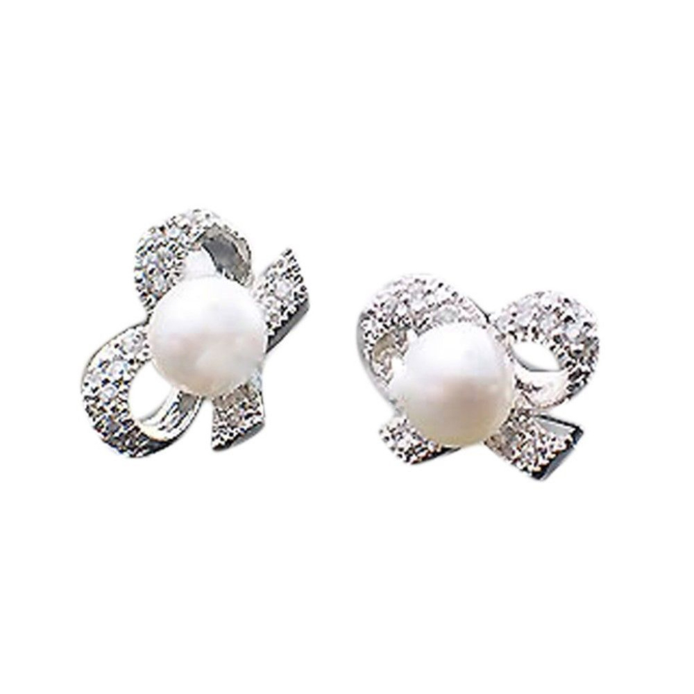 New Crystal Bow Pearl Earrings Stud Silver Bow - Picture 2 of 5